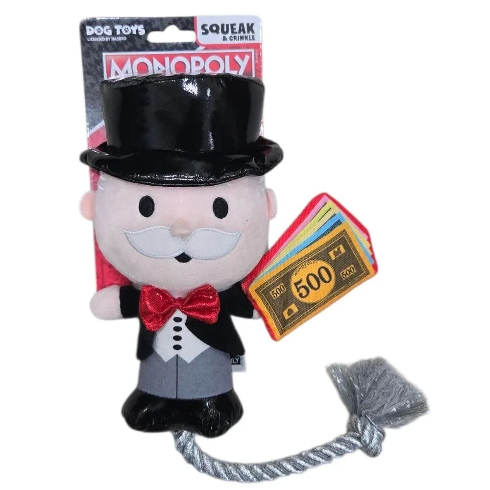 Hasbro Monopoly Mr. Moneybags Squeak & Crinkle Plush Dog Toy Rope tug🐾🐕